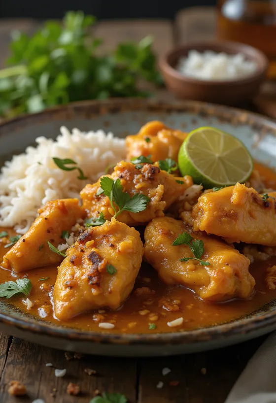 Rendang ayam servido com coentros frescos e acompanhamento