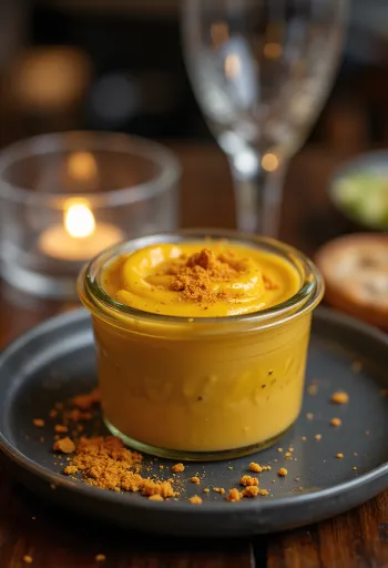 Molho de mostarda com cerveja e chili numa tigela, decorado com chili fresco e sementes de mostarda.