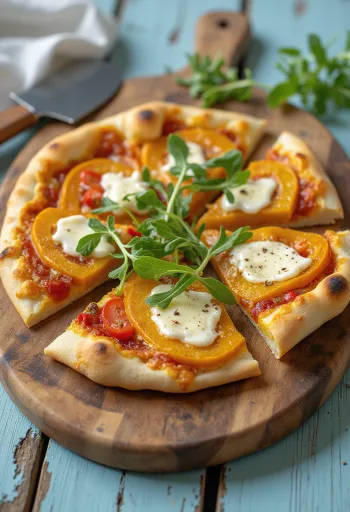 Pizza de abóbora com queijo vegan servida