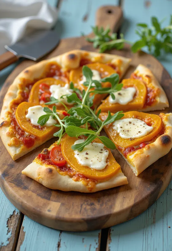 Pizza de abóbora com queijo vegan servida