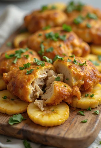Acarajé com frango, bolas de tapioca, decorado com banana frita e coentros