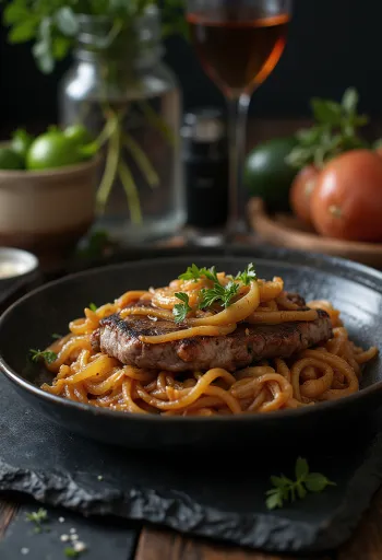 Bife encebollado servido com cebolas fritas e arroz