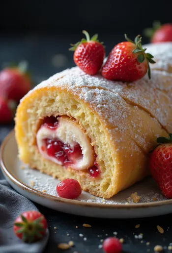 Torta de morango fatiada, servida com morangos frescos