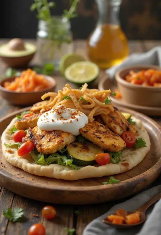 Gyros de fusão grego em pão naan com carne assada, legumes grelhados, tzatziki de caril e kimchi