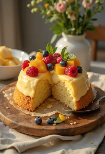 Tarte de fruta fresca com frutas coloridas e camada de gelatina brilhante