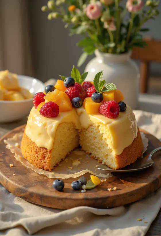 Tarte de fruta fresca com frutas coloridas e camada de gelatina brilhante