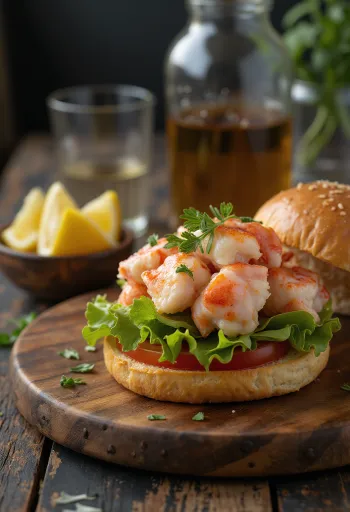 Hambúrguer de lavagante acabado de fazer com salsa e limão