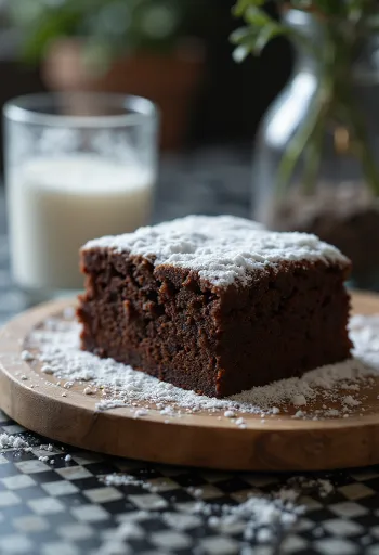 Bolo de cacau cortado em fatias, polvilhado com açúcar em pó
