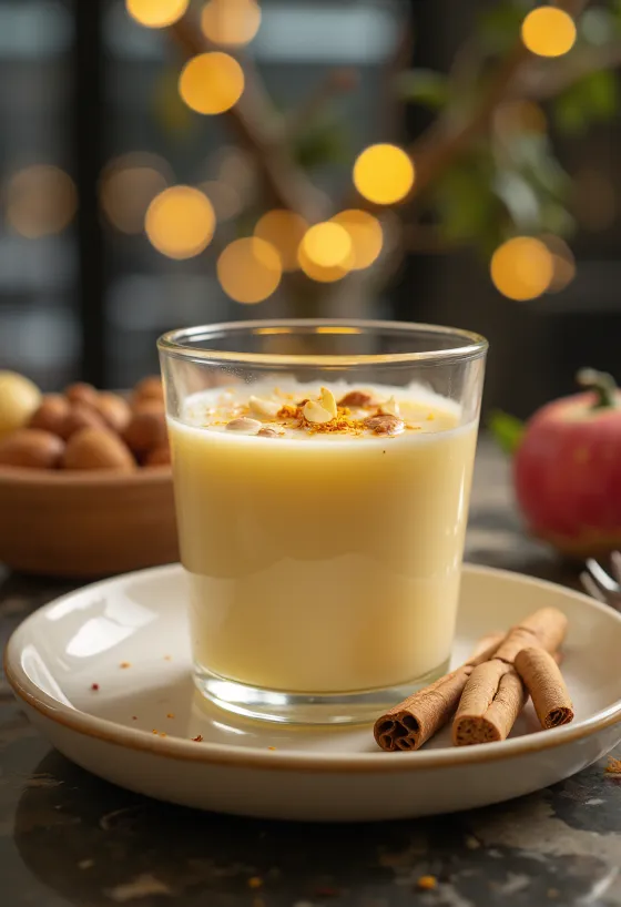 Leite Kesar Badam, decorado com amêndoas e açafrão