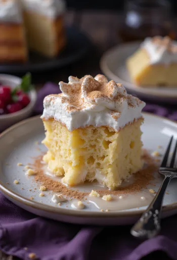 Fatia de Tres Leches clássico, pão-de-ló embebido em leite num prato branco