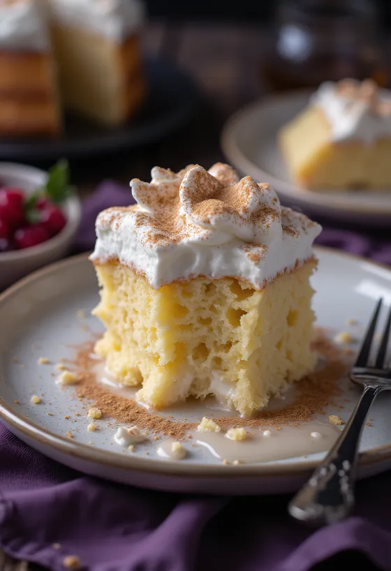 Fatia de Tres Leches clássico, pão-de-ló embebido em leite num prato branco