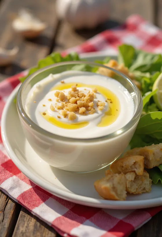 Molho de alho com iogurte e mel servido em tigela