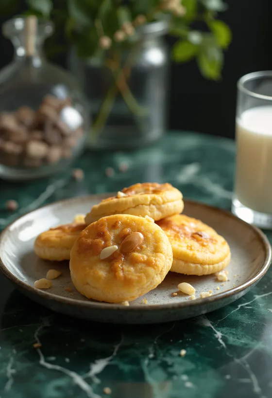 Bolacha de mel e amêndoa em apresentação dourada