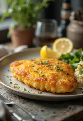 Escalope à Parisiense frito até ficar dourado, servido com polme estaladiço