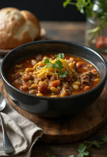 Pozole con chile pasilla servido com lima, coentros e cebolinho fresco