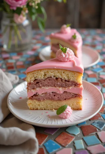 Bolo Punch coberto com glacé rosa, decorado com tiras de chocolate e servido com frutas cristalizadas.