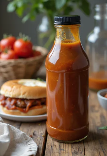 Molho barbecue de tomate e cerveja numa tigela, ao lado de carnes grelhadas.