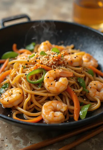 Yakisoba com camarão, mistura deliciosa de massa e legumes com camarão e sementes de sésamo