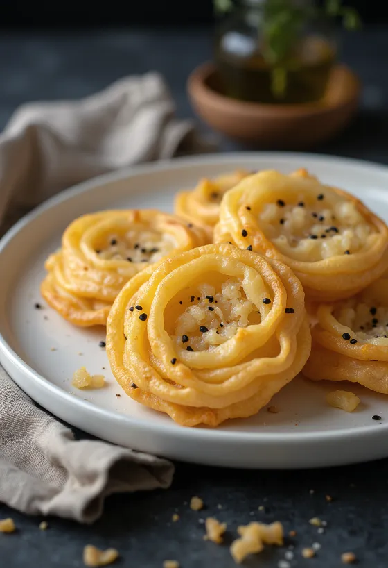 Bolas de coco Achappam acabadas de fritar em cor dourada, dispostas numa tigela.