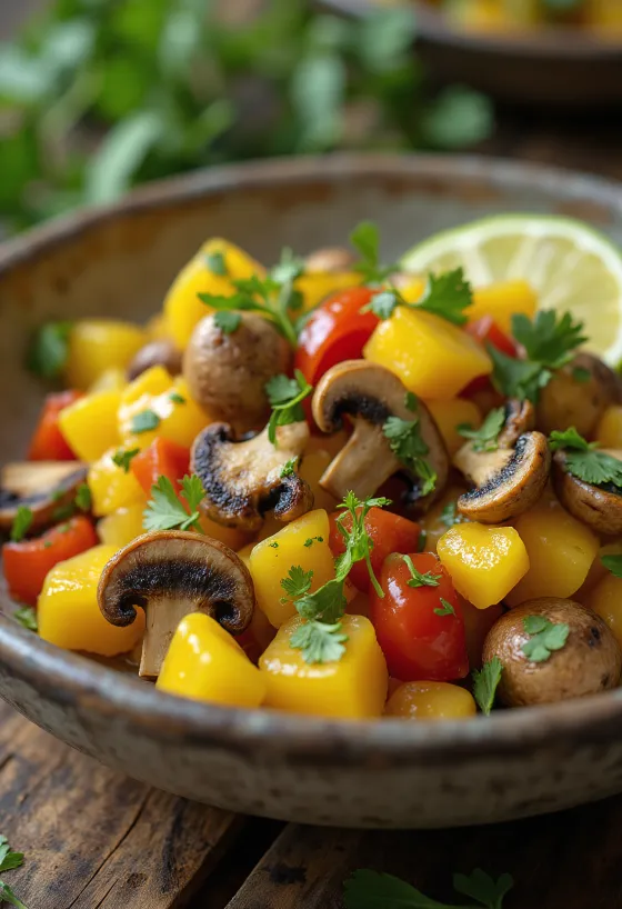 Prato de Ackee amarelo e cogumelos castanhos com ervas frescas