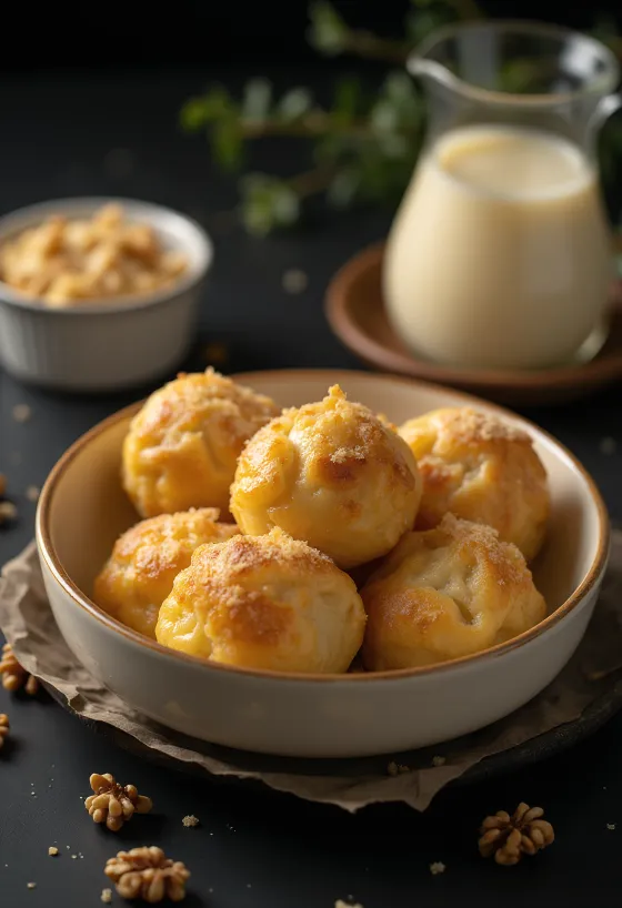 Aranygaluska tradicional com creme de baunilha, camadas de noz e massa fofa.