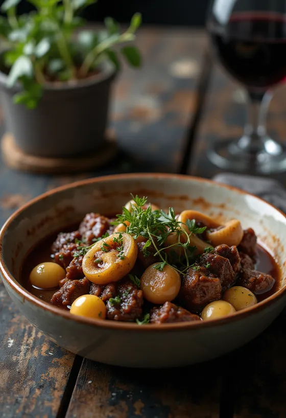 Boeuf Bourguignon servido em prato fundo