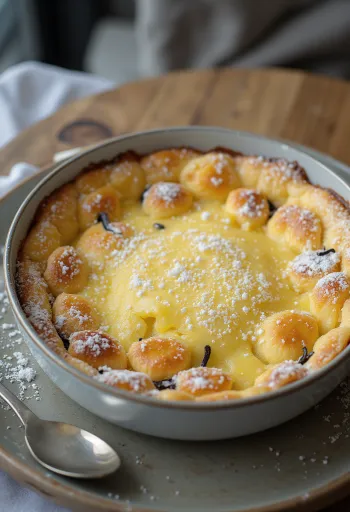 Clafoutis de baunilha simples e liso, polvilhado com açúcar