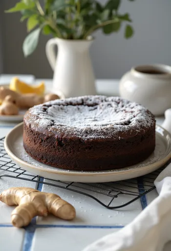 Bolo de chocolate e gengibre decorado com açúcar em pó e gengibre ralado