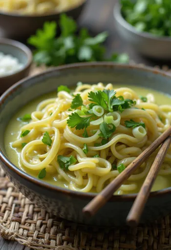Massa de caril verde com leite de coco e legumes exóticos