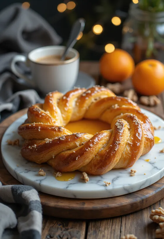 Kringle com recheio de laranja, massa folhada, recheio de laranja e bolos frescos.