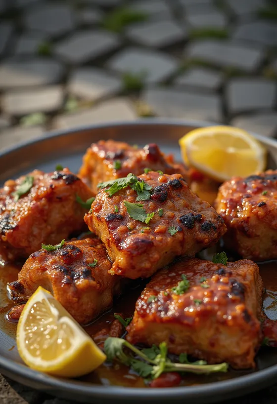 Tandoori goat servido com pão naan e coentros frescos.