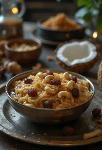 Taça de Ada Pradhaman cremosa com pedaços de massa de arroz