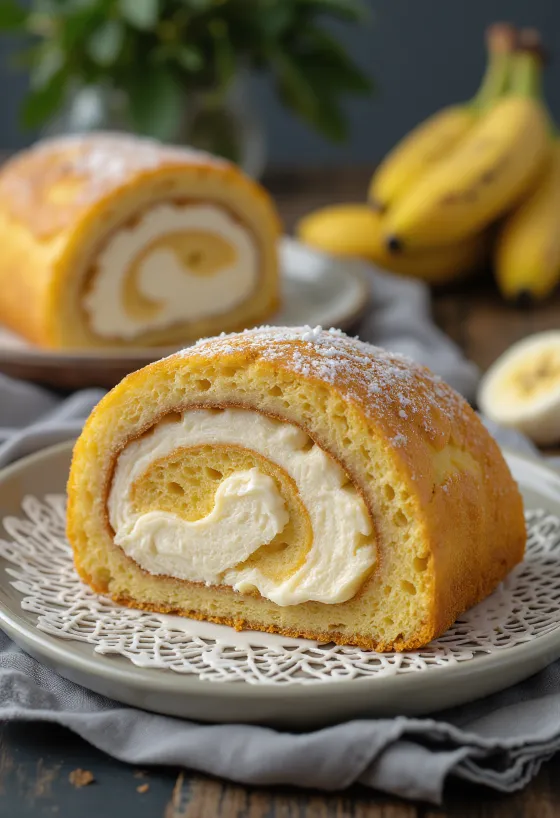 Fatias de bolo de rolo com camadas finas de massa e recheio de banana