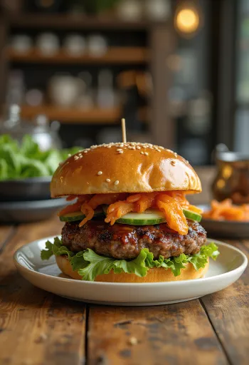 Hambúrguer de bulgogi servido com kimchi e batatas
