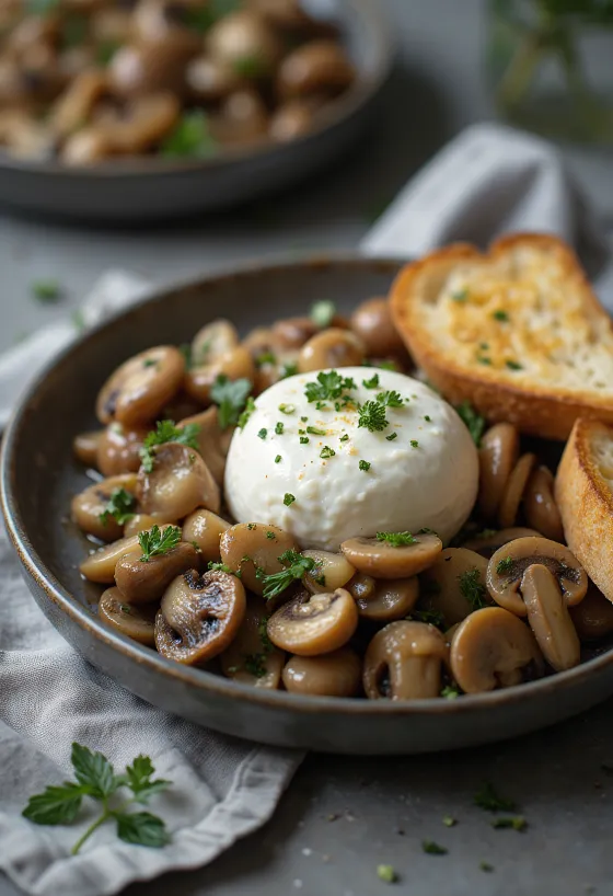 Burrata servida com cogumelos fritos, regada com vinagre balsâmico, com pão torrado