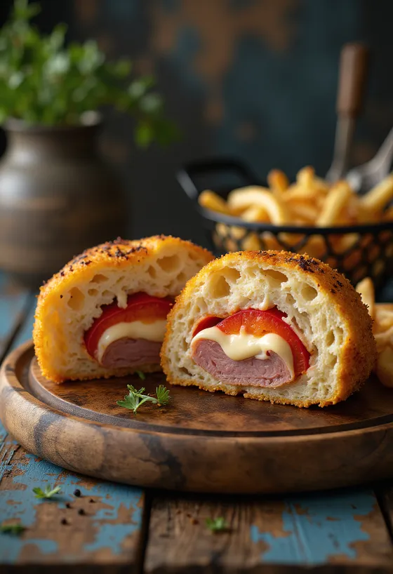 Cachopo panado cortado ao meio mostrando o recheio de queijo e pimentos