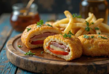 Cachopo panado cortado ao meio mostrando o recheio de queijo e pimentos