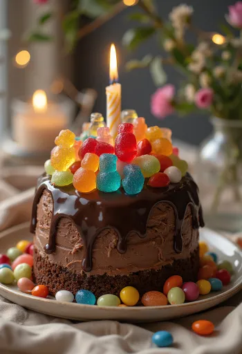 Bolo de chocolate com doces decorado com doces coloridos e pérolas