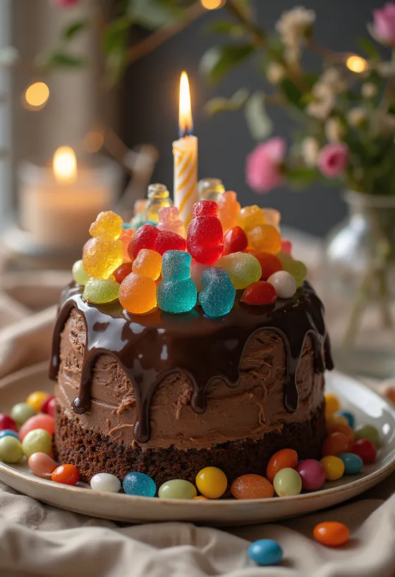 Bolo de chocolate com doces decorado com doces coloridos e pérolas