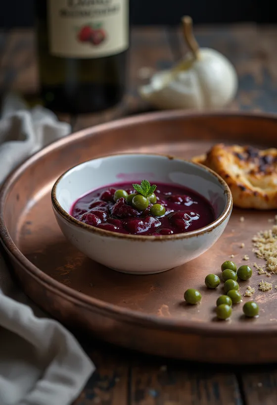 Molho de Vinho Tinto, Alcaparras e Caril em frasco, servido com assados