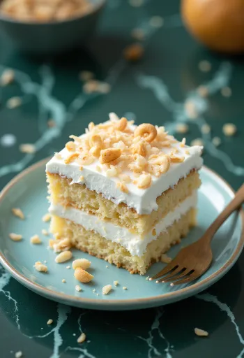 Bolo de mousse de coco servido com coco ralado