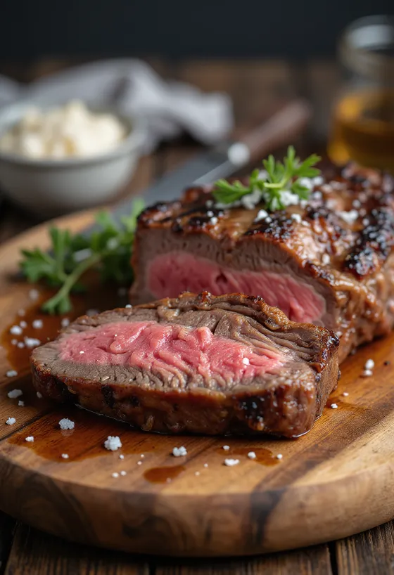 Picanha, fatias de carne de vaca brasileira grelhada com batatas assadas e molho chimichurri