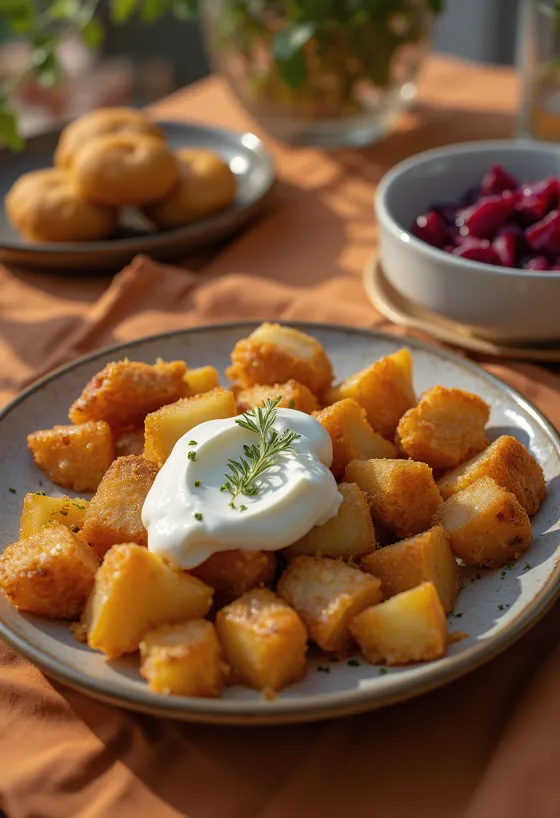 Pyttipanna com natas azedas, prato sueco, com batata frita e carne picada