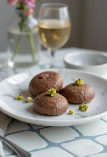Sandesh com chocolate, sobremesa indiana doce, decorada com chocolate e pistacho