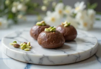 Sandesh com chocolate, sobremesa indiana doce, decorada com chocolate e pistacho