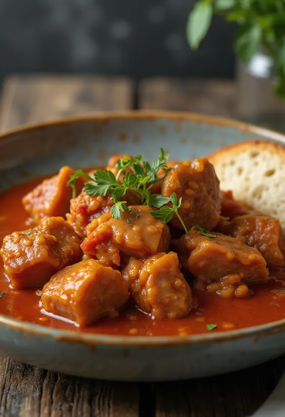 Estufado de porco servido com batatas e salsa fresca