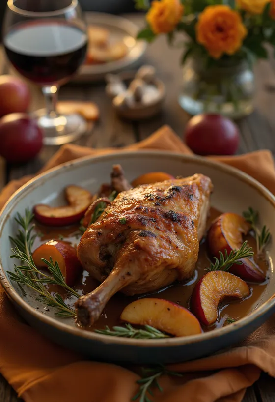 Coxa de pato assada estaladiça servida com puré de batata e couve roxa estufada