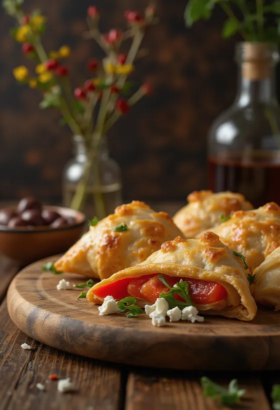 Samosa de pimento assado e queijo feta servida