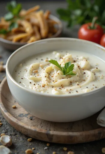 Molho cremoso de alho com especiarias numa tigela, decorado com salsa fresca.
