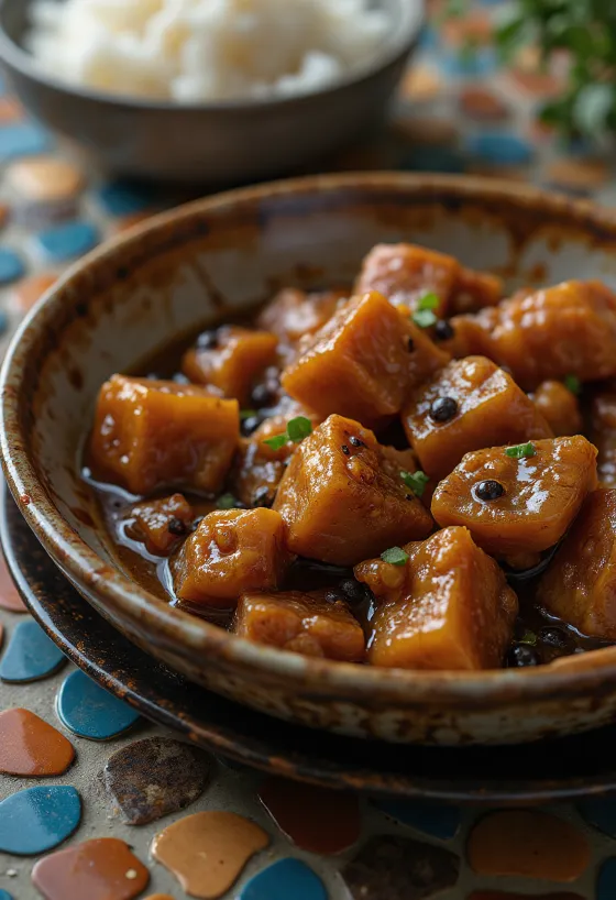 Cubos de carne de porco Adobo estufados em molho escuro